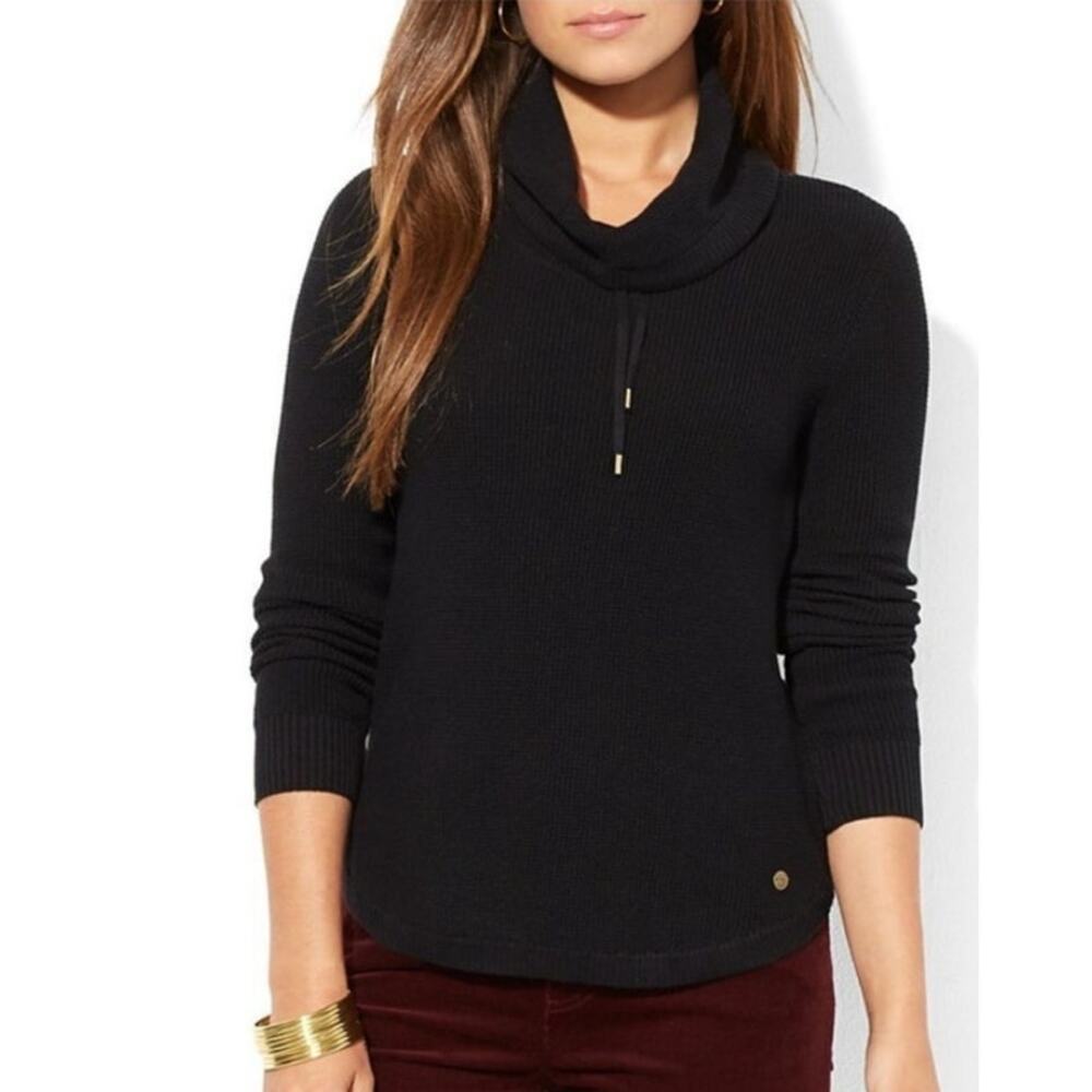 Lauren Ralph Lauren Waffle Knit Top Womens Med Black Pullover Cowl Neck Cotton
